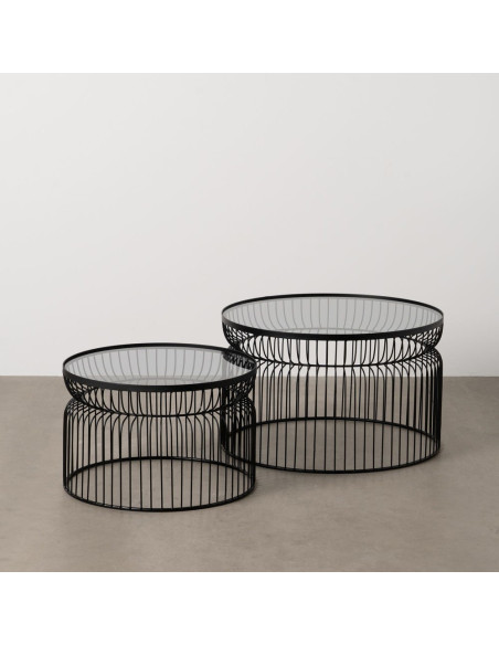 Table basse moderne grillage Ronde en Métal Noir Verre Transparent Henia (Lot de 2) - 5
