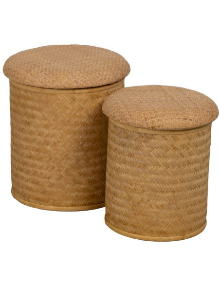 Pouf rond Coffre de rangement vintage en Rotin Naturel Tressé Rattan (Lot de 2) - 1