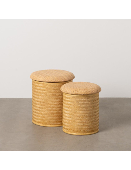 Pouf rond Coffre de rangement vintage en Rotin Naturel Tressé Rattan (Lot de 2) - 7