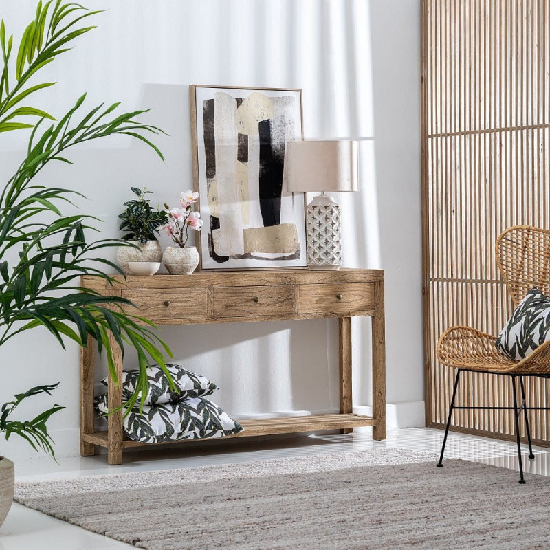 Grande Console moderne Rectangulaire 3 tiroirs 1 étagère en Bois de mindi Naturel Miro - 2