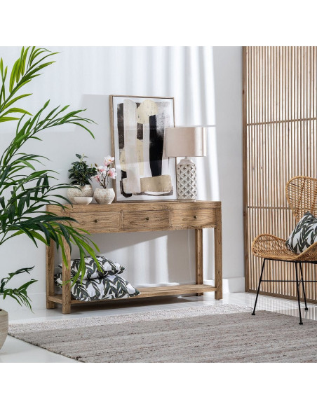 Grande Console moderne Rectangulaire 3 tiroirs 1 étagère en Bois de mindi Naturel Miro - 2