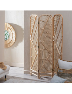 Paravent vintage chic 3 panneaux en Rotin Naturel Rattan - 1 2