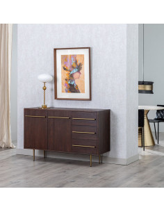 Buffet style vintage Bas 2 portes 3 tiroirs en Bois d'orme Marron foncé Métal Doré Idrian - 2