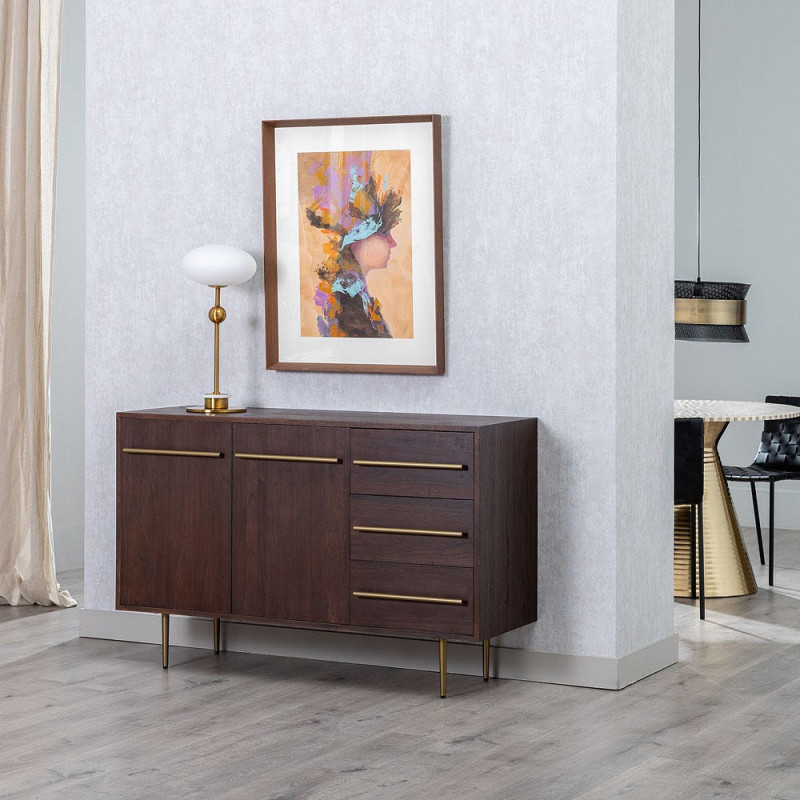 Buffet style vintage Bas 2 portes 3 tiroirs en Bois d'orme Marron foncé Métal Doré Idrian - 2