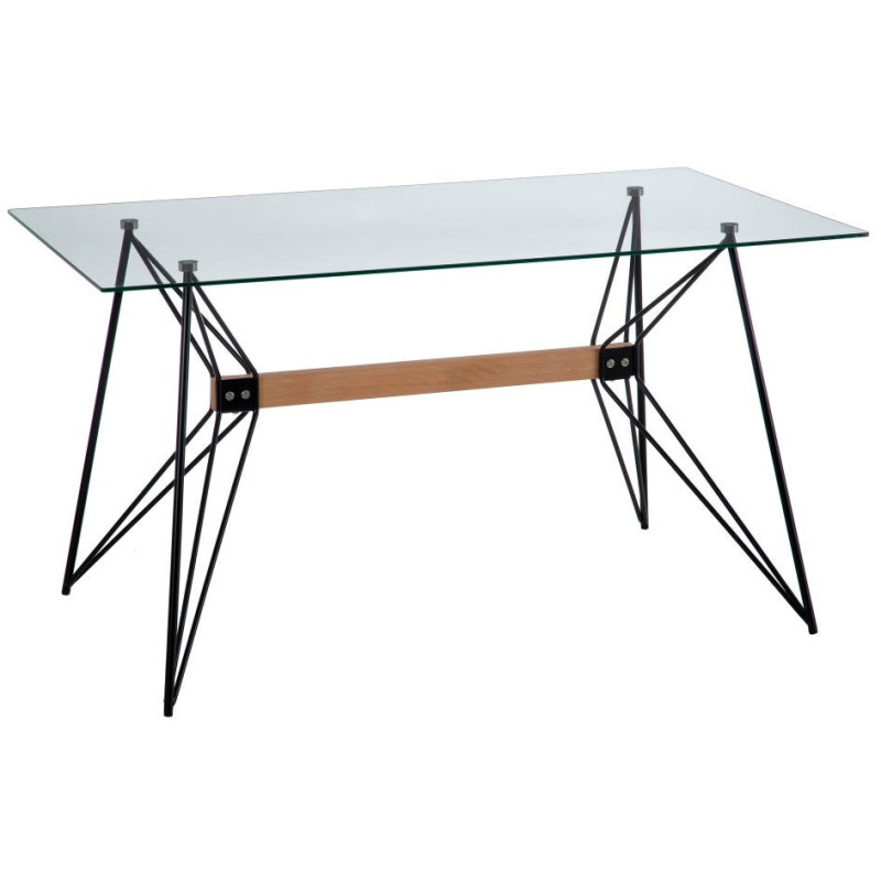 Table à manger moderne design Rectangulaire 6 personnes en Verre trempé Transparent Métal Noir Bois de hêtre Naturel Jasira - 1