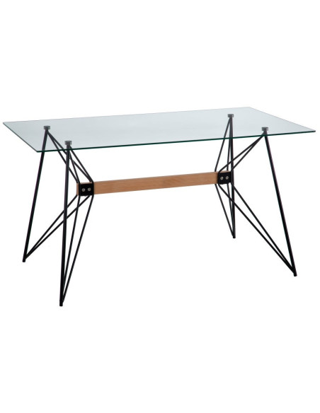 Table à manger moderne design Rectangulaire 6 personnes en Verre trempé Transparent Métal Noir Bois de hêtre Naturel Jasira - 1