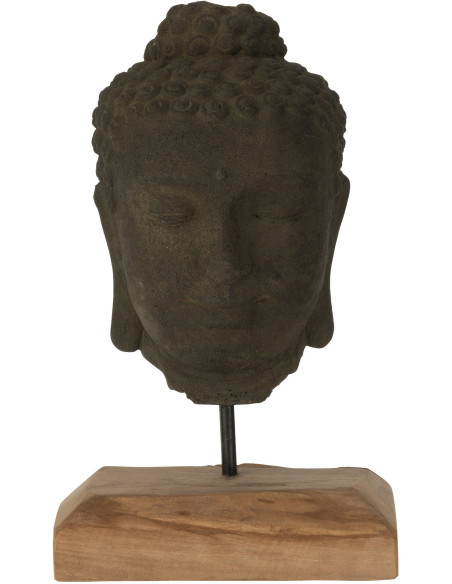 Décoration sur pied Tête de bouddha Hauteur 45 cm en Ciment Noir Bois de teck Naturel Elna - 1