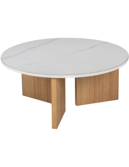 Table basse moderne Ronde en Céramique Blanc Effet marbre Métal Naturel Effet bois Anea - 1
