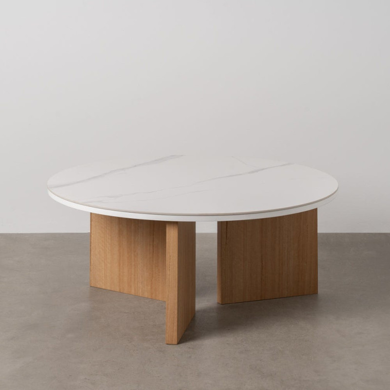 Table basse moderne Ronde en Céramique Blanc Effet marbre Métal Naturel Effet bois Anea - 8
