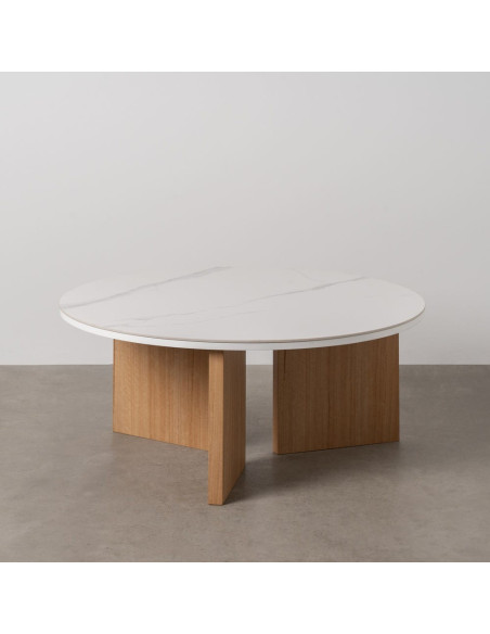 Table basse moderne Ronde en Céramique Blanc Effet marbre Métal Naturel Effet bois Anea - 8