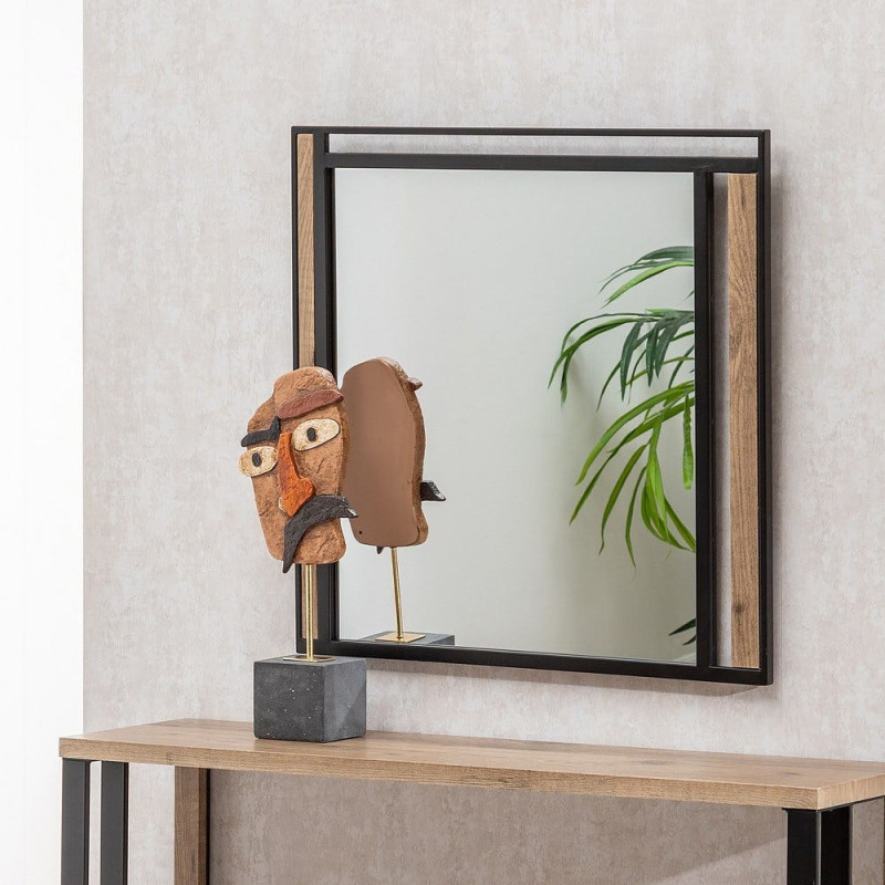 Miroir mural industriel Carré 70x70 en Métal Noir Bois MDF Naturel Nude - 2