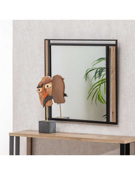 Miroir mural industriel Carré 70x70 en Métal Noir Bois MDF Naturel Nude - 2