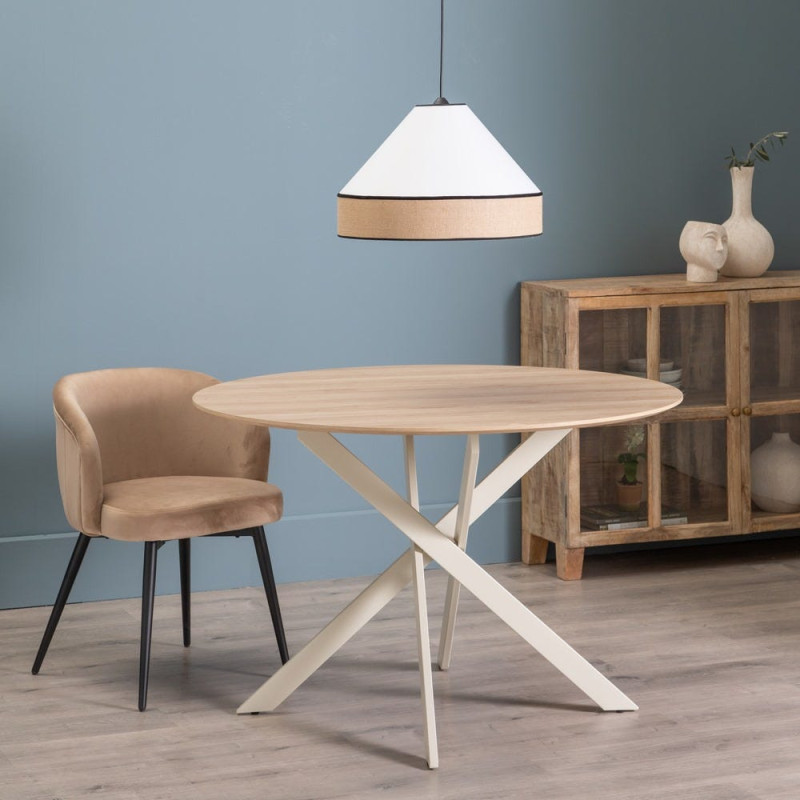 Table à manger moderne Ronde 6 personnes en Bois MDF Naturel Métal Blanc crème Saida - 2