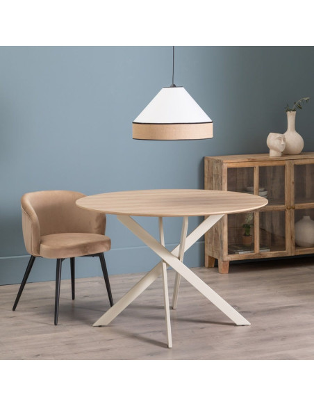 Table à manger moderne Ronde 6 personnes en Bois MDF Naturel Métal Blanc crème Saida - 2