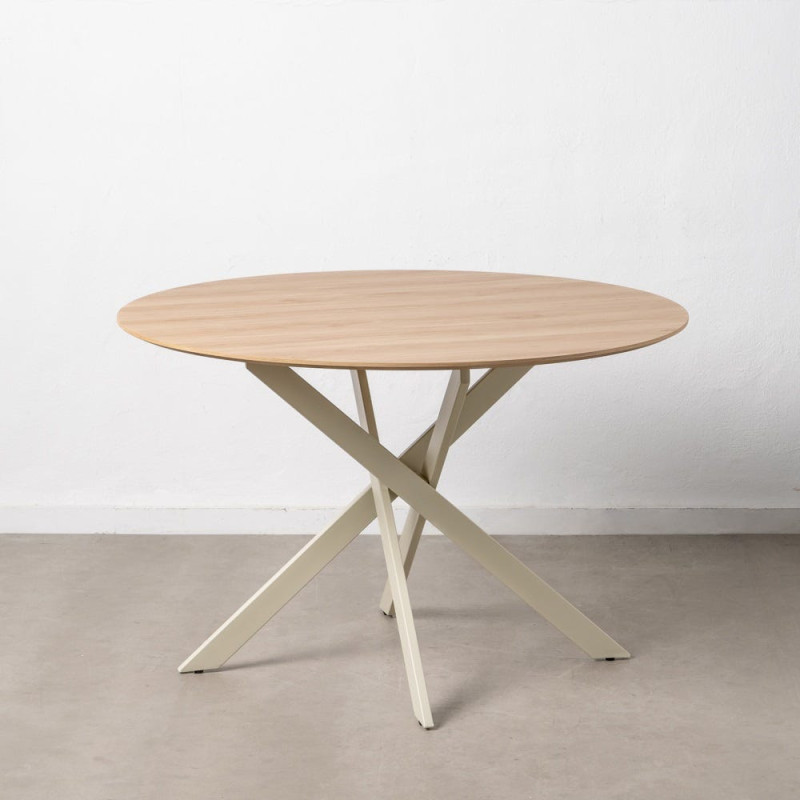 Table à manger moderne Ronde 6 personnes en Bois MDF Naturel Métal Blanc crème Saida - 8