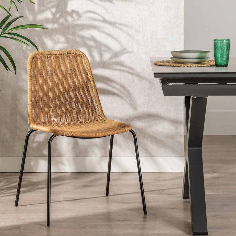 Chaise de jardin vintage en Rotin polyéthylène Naturel Tressé Métal Noir Yoana (Lot de 2) - 2