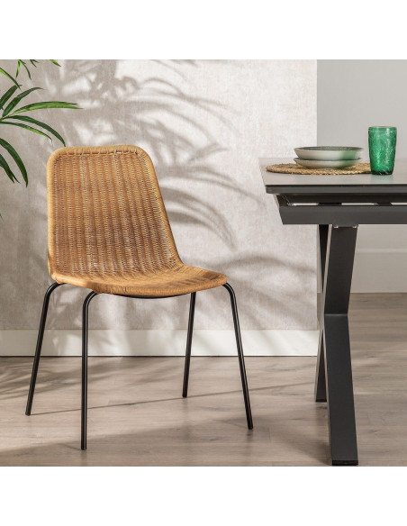 Chaise de jardin vintage en Rotin polyéthylène Naturel Tressé Métal Noir Yoana (Lot de 2) - 2