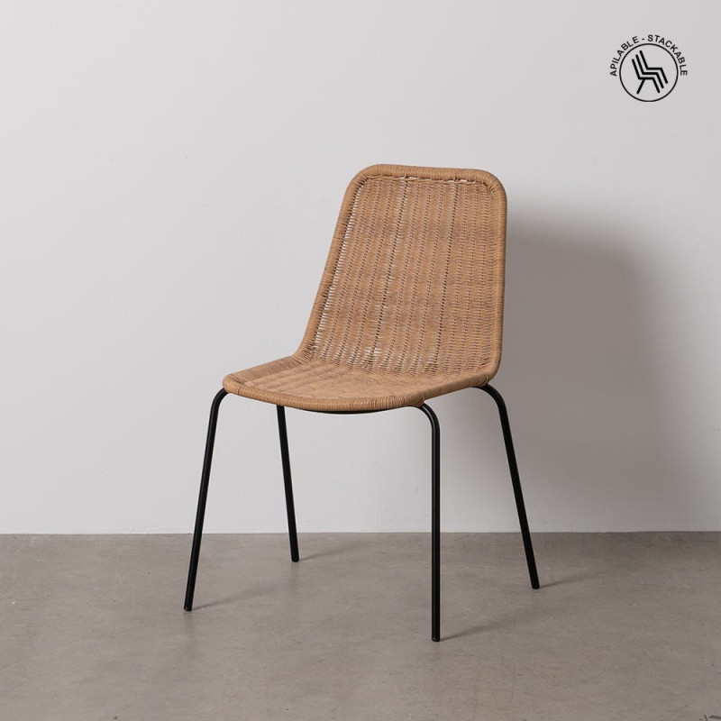 Chaise de jardin vintage en Rotin polyéthylène Naturel Tressé Métal Noir Yoana (Lot de 2) - 11