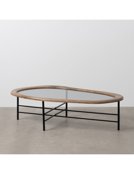 Grande Table basse originale Organique en Bois d'hévéa Marron Verre Transparent Métal Noir Helria - 7
