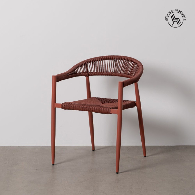 Fauteuil de table extérieur moderne en Rotin polyéthylène Tressé Métal Terracotta Dario (Lot de 2) - 3