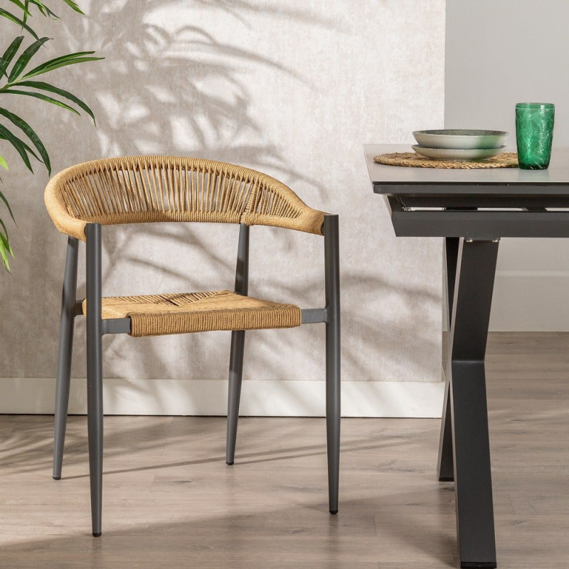 Fauteuil de table extérieur moderne en Rotin polyéthylène Naturel Tressé Métal Gris Dario (Lot de 2) - 2