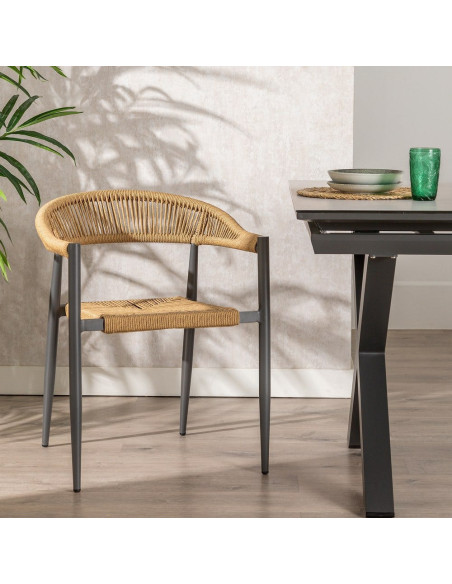 Fauteuil de table extérieur moderne en Rotin polyéthylène Naturel Tressé Métal Gris Dario (Lot de 2) - 2