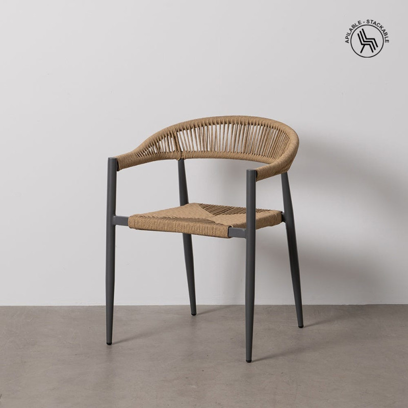 Fauteuil de table extérieur moderne en Rotin polyéthylène Naturel Tressé Métal Gris Dario (Lot de 2) - 3