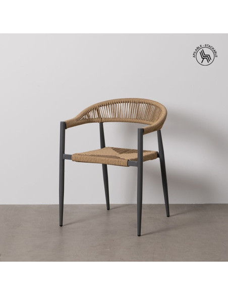 Fauteuil de table extérieur moderne en Rotin polyéthylène Naturel Tressé Métal Gris Dario (Lot de 2) - 3