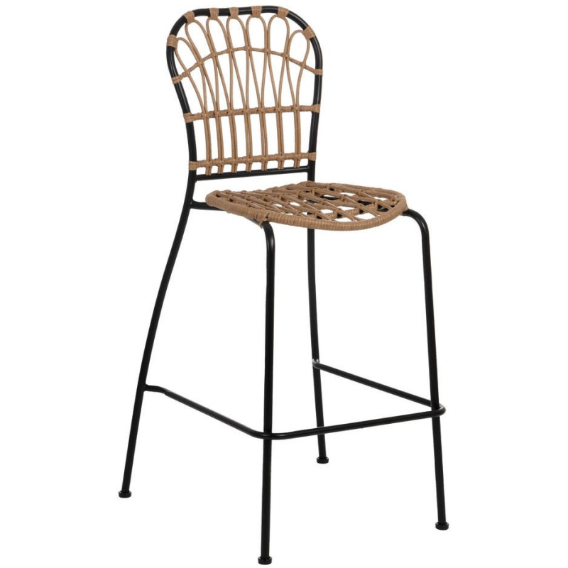 Tabouret de bar extérieur vintage chic en Rotin polyéthylène Naturel Tressé Métal Noir Javia (Lot de 2) - 1