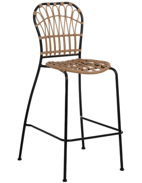Tabouret de bar extérieur vintage chic en Rotin polyéthylène Naturel Tressé Métal Noir Javia (Lot de 2) - 1