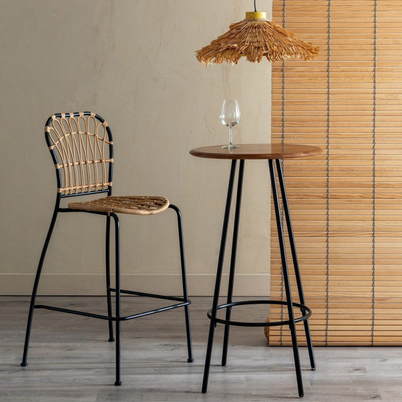 Tabouret de bar extérieur vintage chic en Rotin polyéthylène Naturel Tressé Métal Noir Javia (Lot de 2) - 2