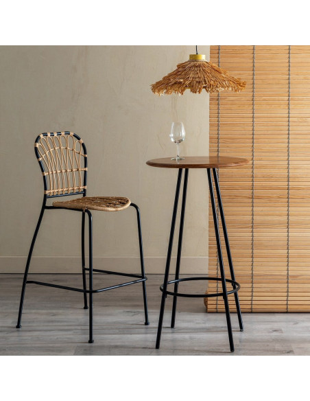 Tabouret de bar extérieur vintage chic en Rotin polyéthylène Naturel Tressé Métal Noir Javia (Lot de 2) - 2