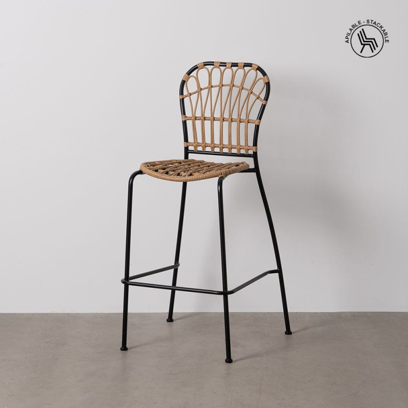 Tabouret de bar extérieur vintage chic en Rotin polyéthylène Naturel Tressé Métal Noir Javia (Lot de 2) - 3