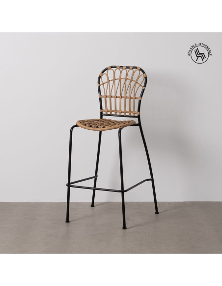 Tabouret de bar extérieur vintage chic en Rotin polyéthylène Naturel Tressé Métal Noir Javia (Lot de 2) - 3