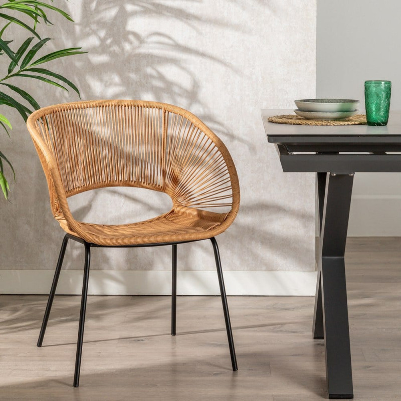 Fauteuil de table extérieur vintage chic en Rotin polyéthylène Naturel Tressé Métal Noir Rayo (Lot de 2) - 2