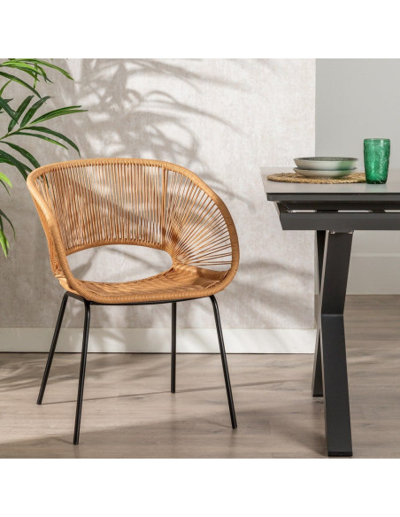 Fauteuil de table extérieur vintage chic en Rotin polyéthylène Naturel Tressé Métal Noir Rayo (Lot de 2) - 2