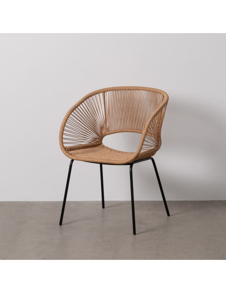 Fauteuil de table extérieur vintage chic en Rotin polyéthylène Naturel Tressé Métal Noir Rayo (Lot de 2) - 3