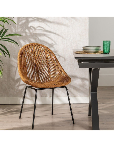 Chaise de jardin vintage chic en Rotin polyéthylène Naturel Tressé Métal Noir Felia (Lot de 2) - 2