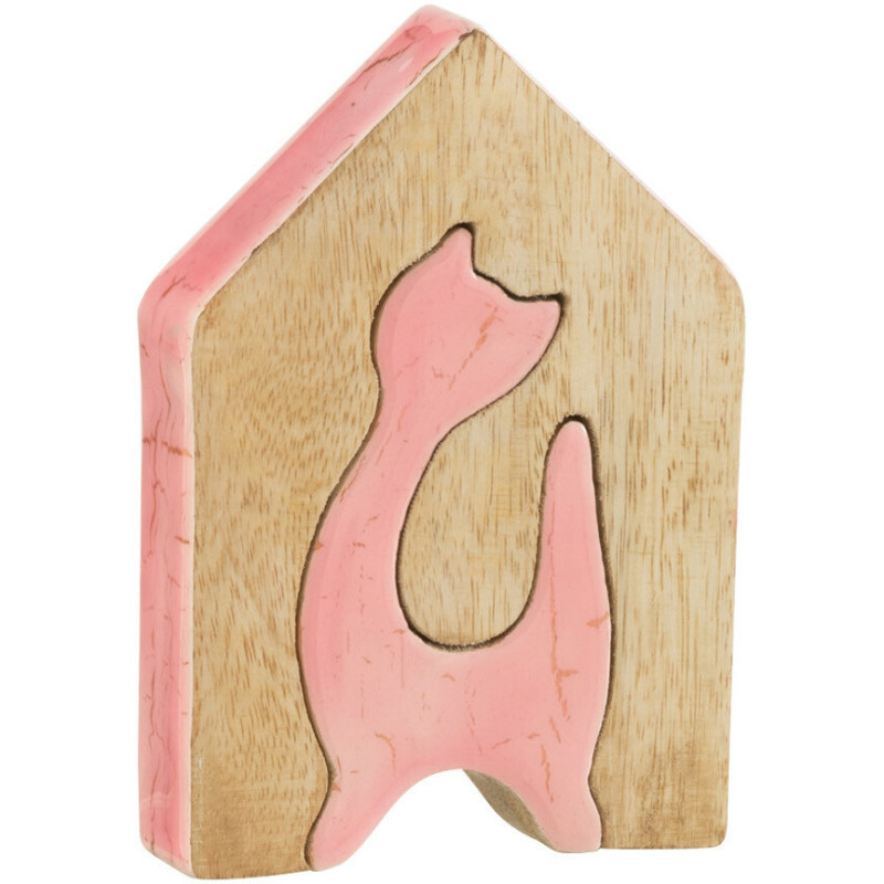 Objet déco à poser Chat Maison Hauteur 14 cm en Bois de manguier Rose Naturel Abra - 1