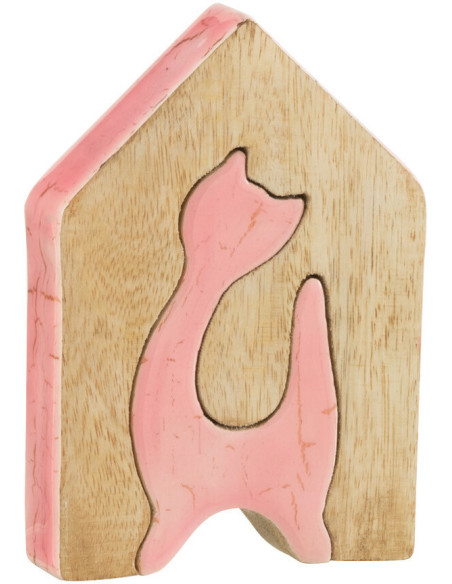 Objet déco à poser Chat Maison Hauteur 14 cm en Bois de manguier Rose Naturel Abra - 1