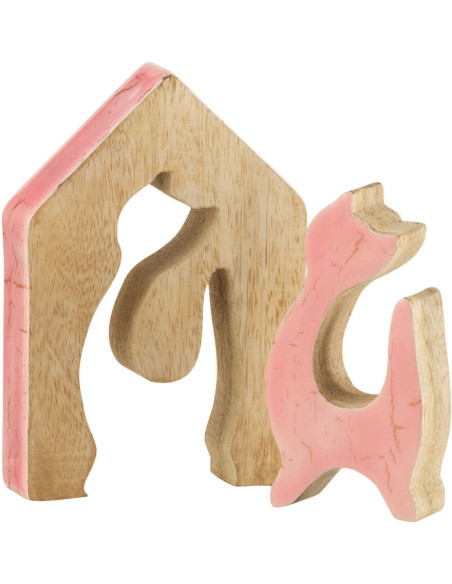 Objet déco à poser Chat Maison Hauteur 14 cm en Bois de manguier Rose Naturel Abra - 3