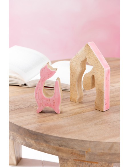 Objet déco à poser Chat Maison Hauteur 25 cm en Bois de manguier Rose Naturel Abra - 2