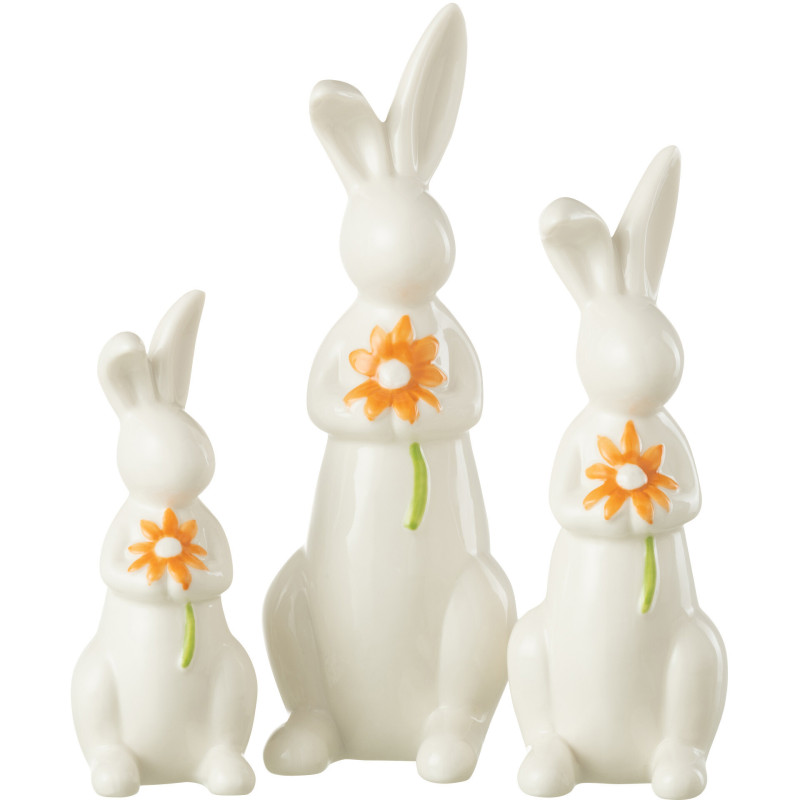 Statuette déco Lapin avec fleur en Porcelaine Blanc Orange Wilmette (Lot de 3) - 1