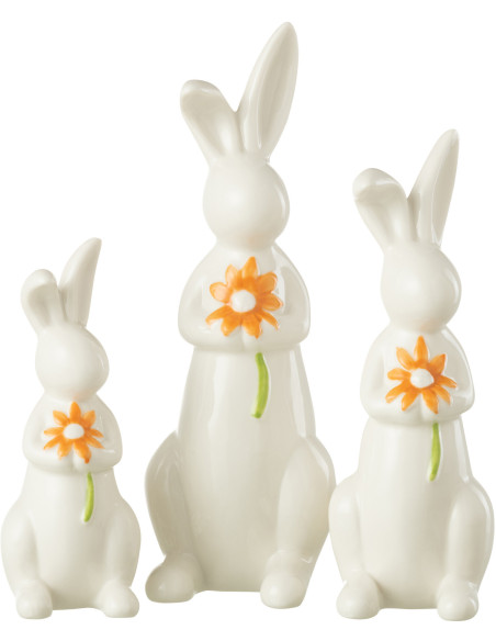 Statuette déco Lapin avec fleur en Porcelaine Blanc Orange Wilmette (Lot de 3) - 1
