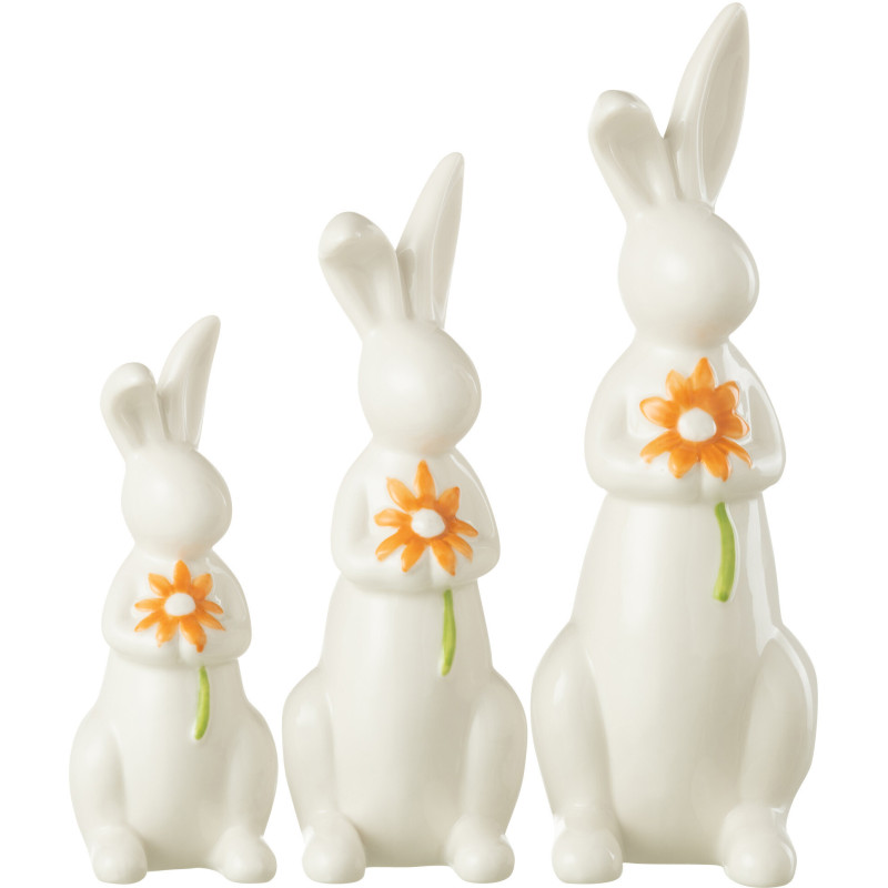 Statuette déco Lapin avec fleur en Porcelaine Blanc Orange Wilmette (Lot de 3) - 2
