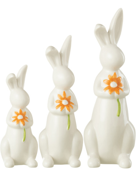 Statuette déco Lapin avec fleur en Porcelaine Blanc Orange Wilmette (Lot de 3) - 2