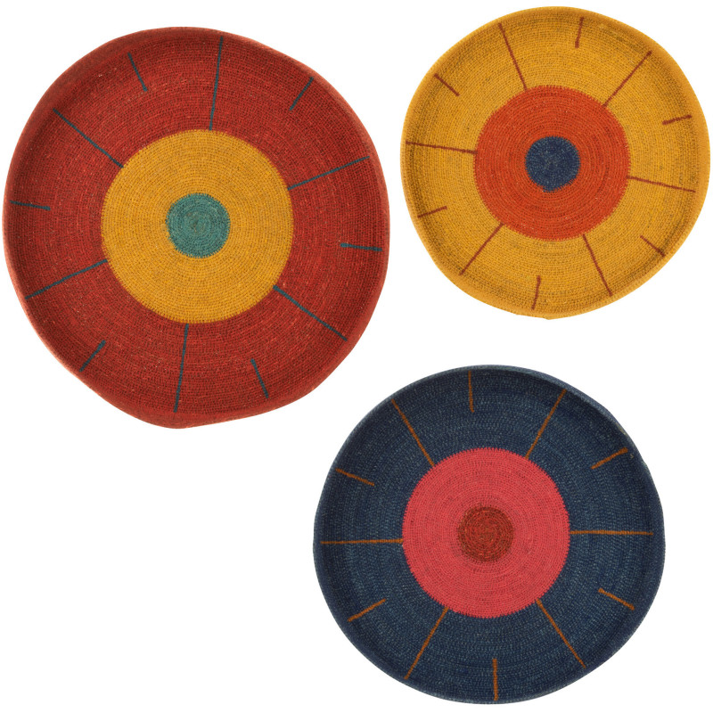 Décoration murale Ronde Plateaux en Jonc de mer Rouge Jaune Bleu Alyda (Lot de 3) - 1