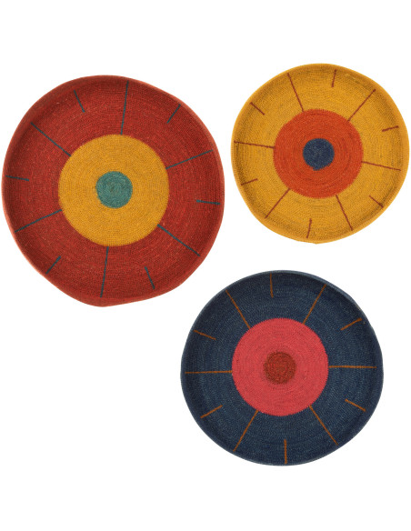 Décoration murale Ronde Plateaux en Jonc de mer Rouge Jaune Bleu Alyda (Lot de 3) - 1