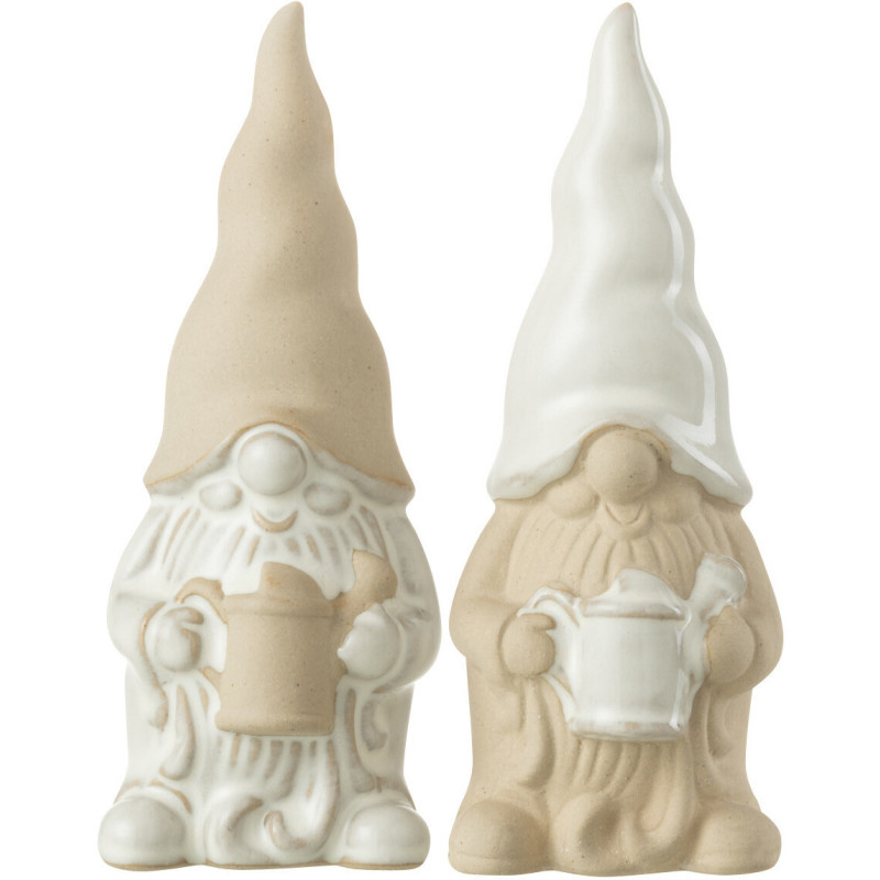 Statuette déco Lutin arrosoir Hauteur 15 cm en Porcelaine Blanc Beige Zyon (Lot de 2) - 1