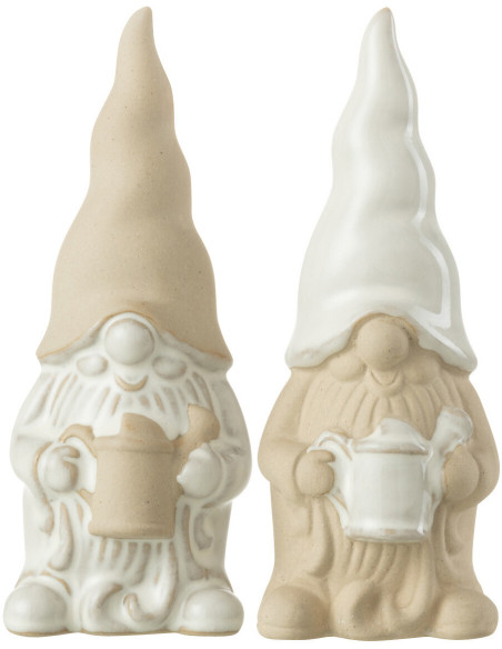 Statuette déco Lutin arrosoir Hauteur 15 cm en Porcelaine Blanc Beige Zyon (Lot de 2) - 1